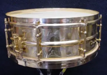 [B]1920s C. G. CONN 5 x 14 8 LUG ENGRAVED/GOLD PLATED “DOUBLE DRAGON” ALL-METAL DRUM[