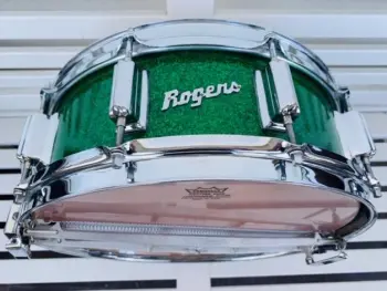 1964 Rogers 5x14 Wood Dynasonic snare drum in Sparkling Green Pearl