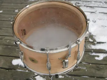RK 14x7 solid maple snare getting mended.