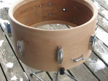 RK 14x7 solid maple snare getting mended.