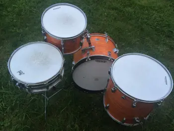 vintage 1970's Ludwig Blue + Olive badge 4 pc kit in MOD ORANGE!
