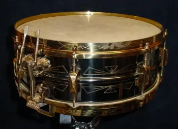 [B]1930 LEEDY 5 x 14 NOBBY GOLD “THUNDERBIRD PATTERN” BLACK ELITE “FULL DRESS” MODEL