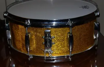 Gretsch Round Badge 4157 snare, Gold Sparkle, micro sensitive throw, All original!