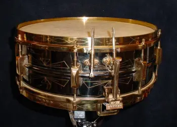 [B]1930 LEEDY 5 x 14 NOBBY GOLD “THUNDERBIRD PATTERN” BLACK ELITE “FULL DRESS” MODEL